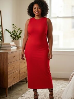 Red Sleeveless Midi Bodycon Dress - Women
